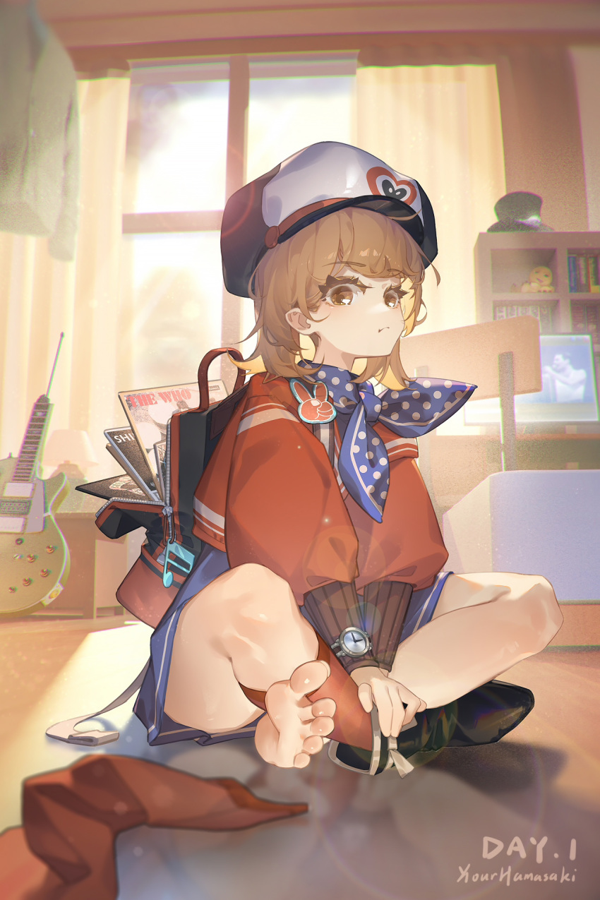 1girl, :/, artist_name, backpack, bag, barefoot, black_boots, blue_dress