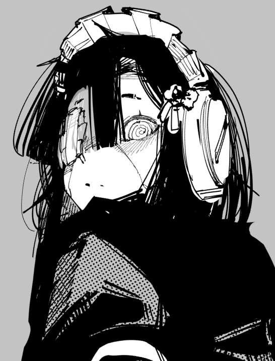 10_4_(10f0ur), 1girl, @_@, c-bas, closed_mouth, eyepatch, grey_background, juliet_sleeves, long_sleeves, looking_at_viewer, maid, maid_headdress, monochrome, one_eye_covered, original, puffy_sleeves, robot_girl, short_hair, simple_background, solo, upper_body