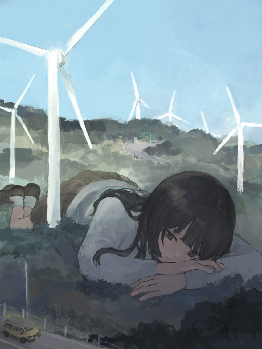 1girl, 62_retas, absurdres, black_eyes, black_hair, blue_sky, brown_shoes, brown_skirt
