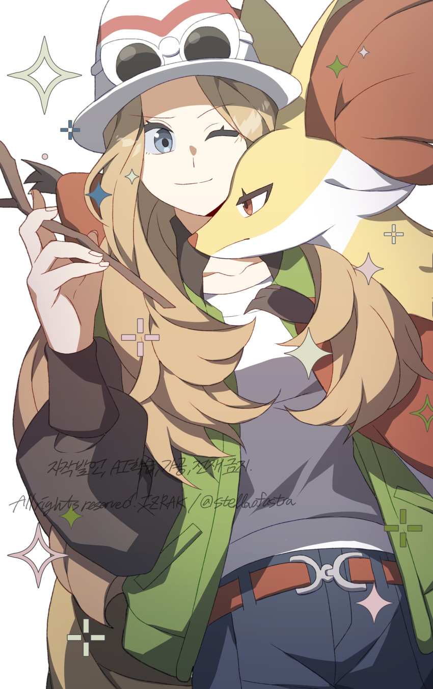 1girl, absurdres, belt, blonde_hair, blue_eyes, breasts, closed_mouth, cosplay, delphox, eyelashes, eyewear_on_headwear, green_jacket, harmony_(pokemon), harmony_(pokemon)_(cosplay), hat, highres, holding, holding_stick, jacket, long_hair, looking_at_viewer, one_eye_closed, open_clothes, open_jacket, pants, pokemon, pokemon_(creature), pokemon_legends:_z-a, pokemon_xy, serena_(pokemon), shirt, smile, stellaofastra, stick, striped_hat, sunglasses, white-framed_eyewear, white_hat, white_shirt