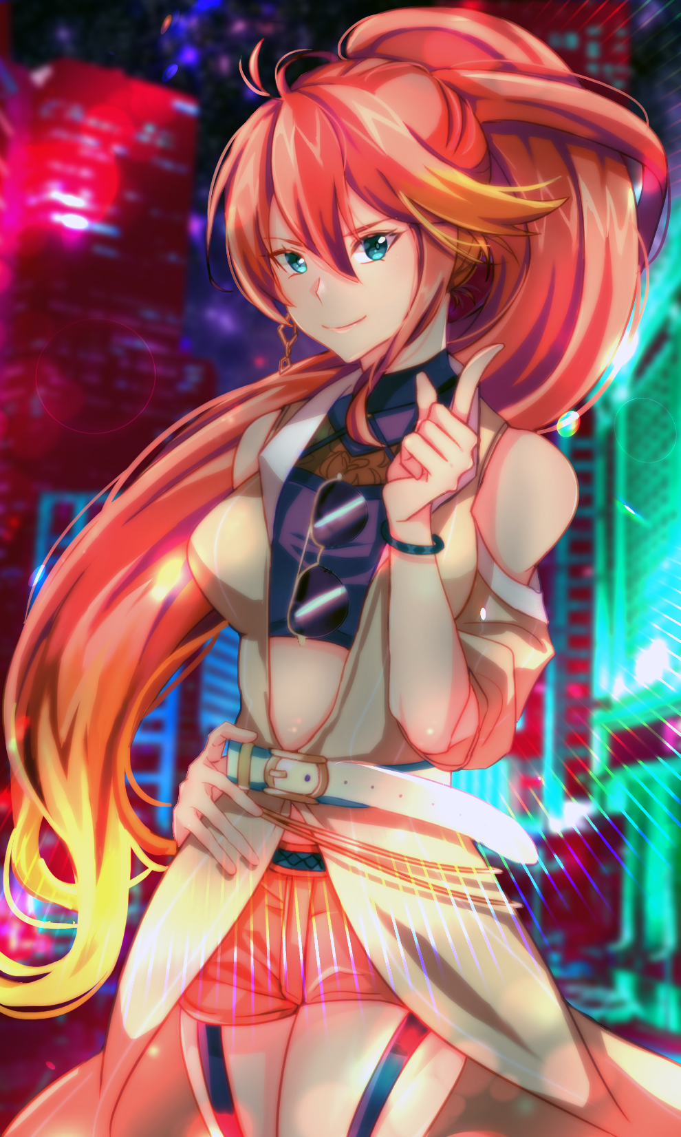 1girl, ahoge, aviator_sunglasses, cowboy_shot, crop_top, double-parted_bangs, earrings, eiyuu_densetsu