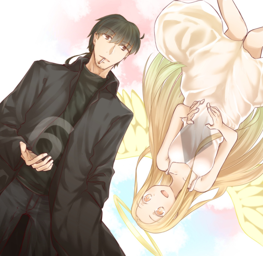 1boy, 1girl, angel_notes, angel_wings, bare_shoulders, black_eyes, black_hair, black_jacket