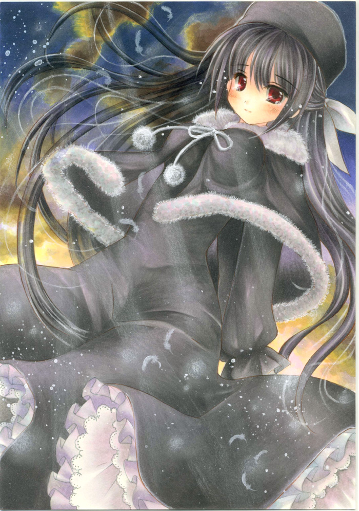 black_hair, blush, dutch_angle, ef, feathers, frills, hair_ribbon, hat