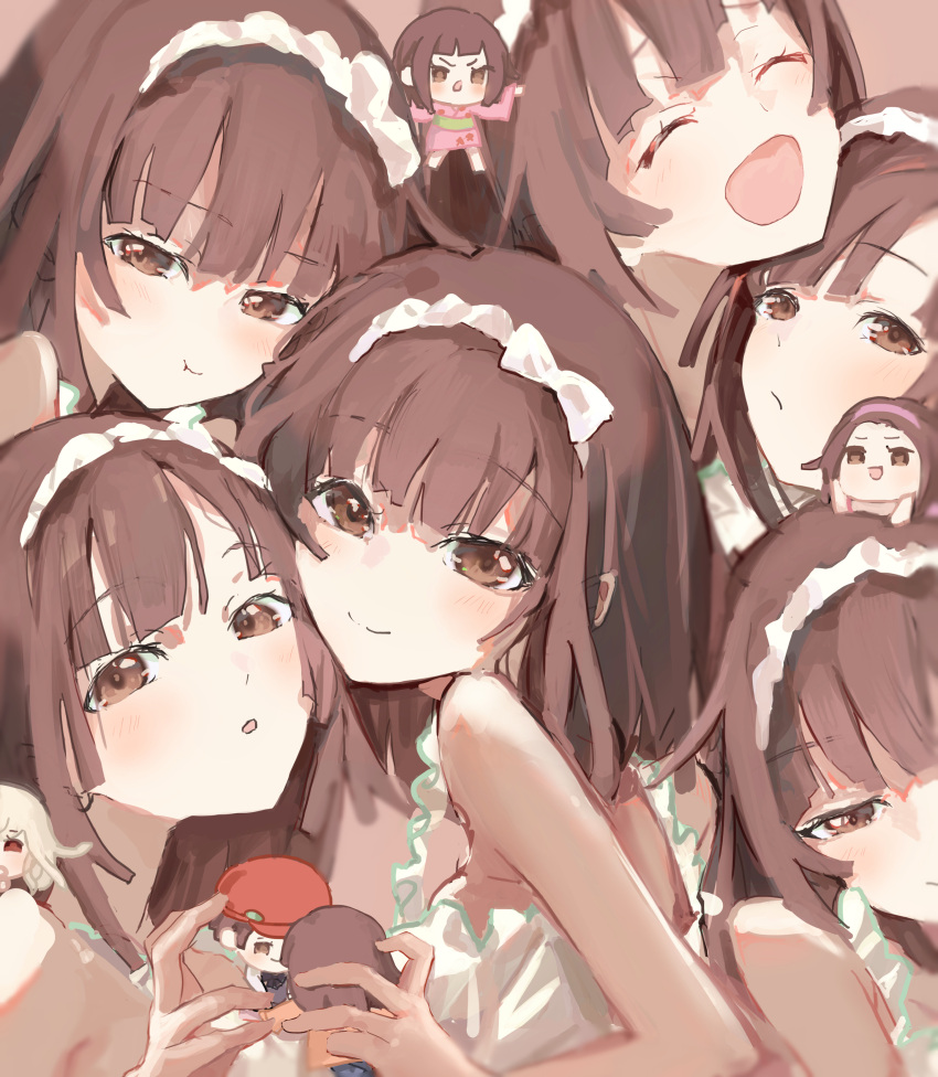 6+girls, ^_^, absurdres, bare_shoulders, brown_eyes, brown_hair, clone, closed_eyes