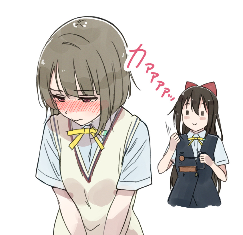 2girls, absurdres, black_vest, blush, bow, brown_hair, closed_mouth, collared_shirt