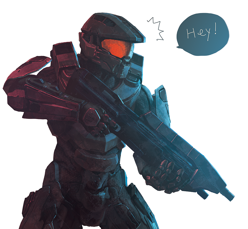1boy, armor, commentary, gun, halo_(series), holding, holding_gun, holding_weapon