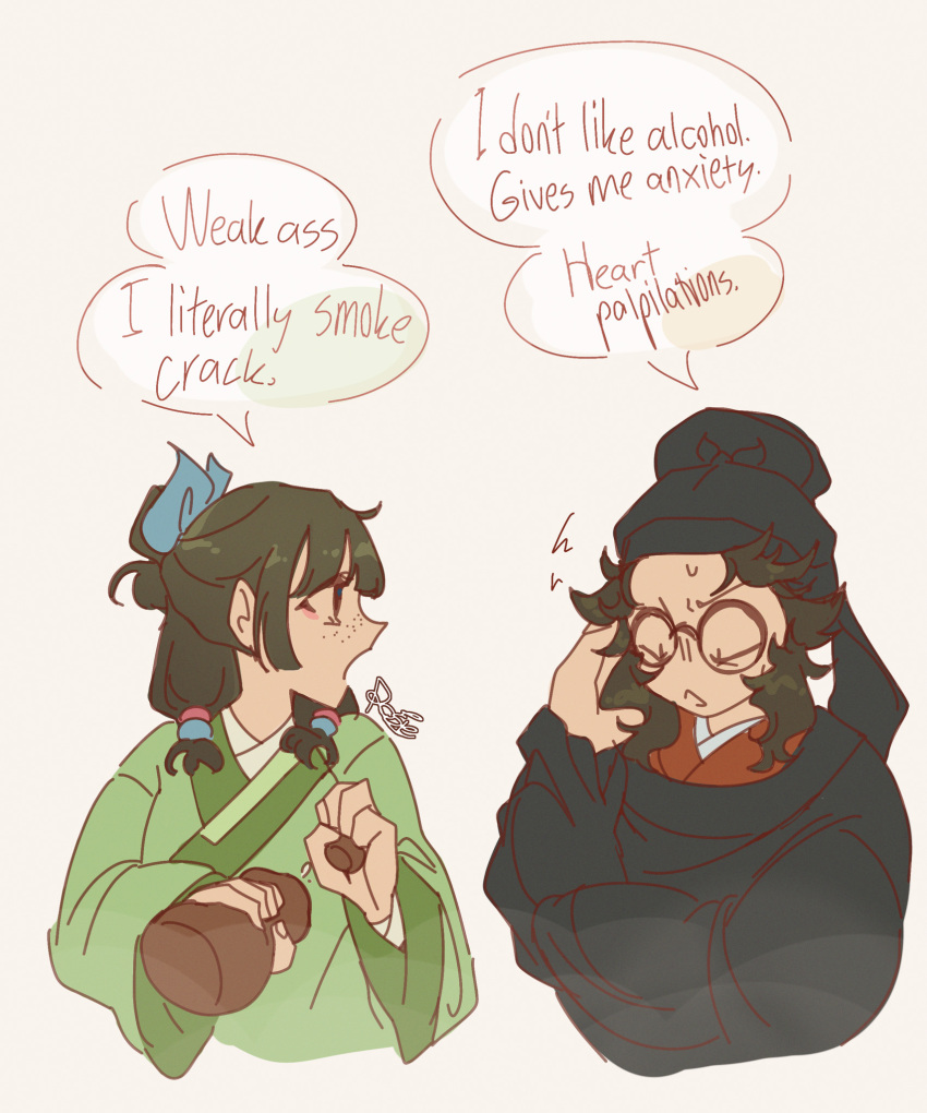 1boy, 1girl, artist_name, black_hair, black_hat, bow, chinese_clothes, closed_eyes, english_commentary, english_text, freckles, hair_bow, hand_up, hat, highres, kusuriya_no_hitorigoto, lahan_(kusuriya_no_hitorigoto), maomao_(kusuriya_no_hitorigoto), medium_hair, open_mouth, realrosielol, step-siblings