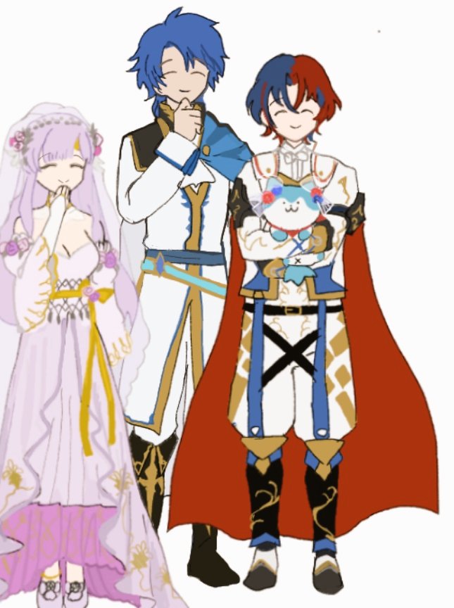 1girl, 1other, 2boys, animal, blue_gloves, blue_hair, closed_eyes, crossed_bangs