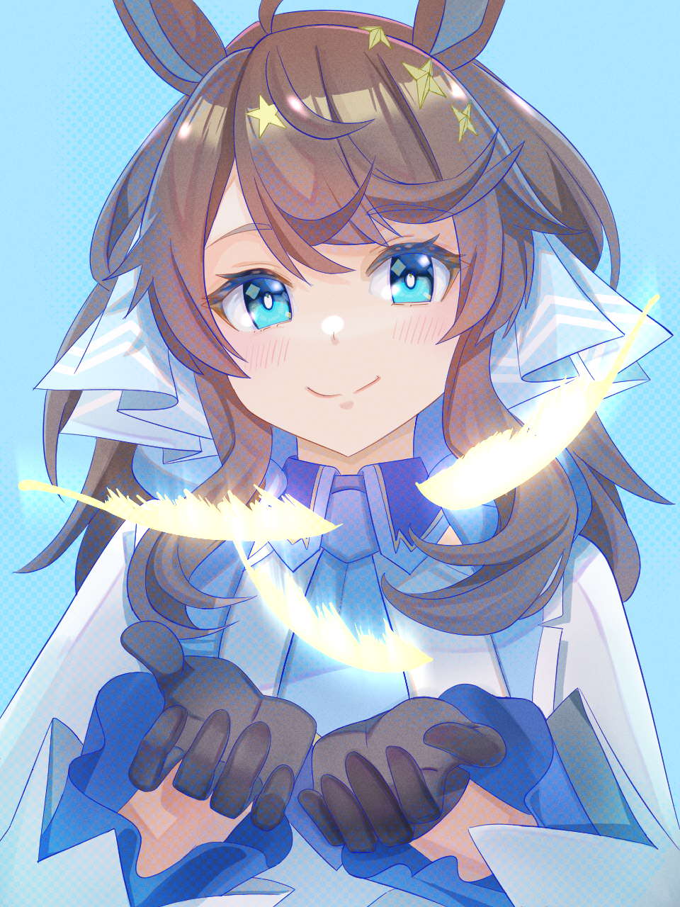 0niq, ahoge, animal_ears, black_hair, blue_background, blue_eyes, blush, daring_tact_(umamusume), feathers, gloves, hair_between_eyes, hair_ornament, highres, horse_girl, long_hair, looking_at_viewer, portrait, simple_background, smile, star_(symbol), star_hair_ornament, umamusume