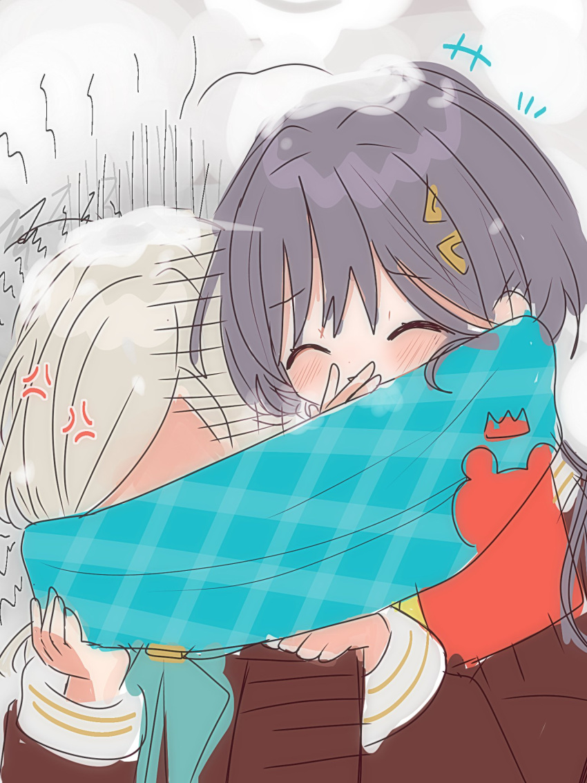 +++, 2girls, ^_^, anger_vein, aqua_neckerchief, blue_scarf, blush, brown_dress