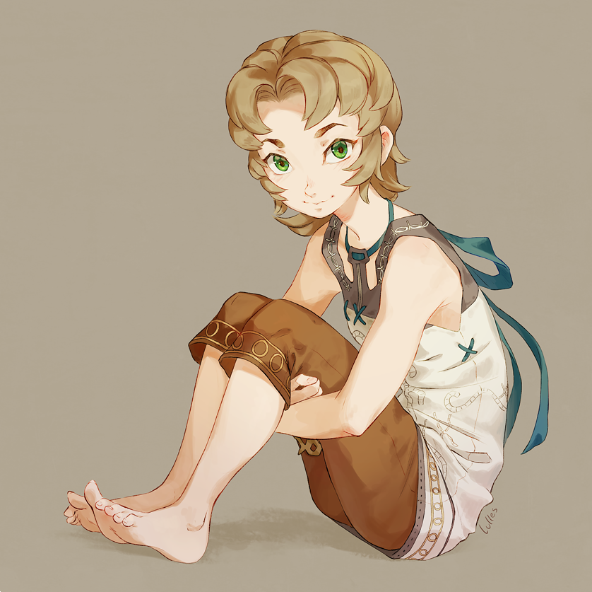 1girl, barefoot, blonde_hair, capri_pants, closed_mouth, full_body, green_eyes, ilia_(zelda)
