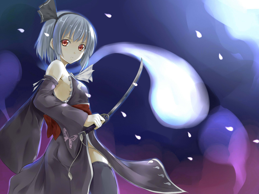 alternate_costume, ass, bare_shoulders, black_legwear, bob_cut, cherry_blossoms, dark, detached_sleeves