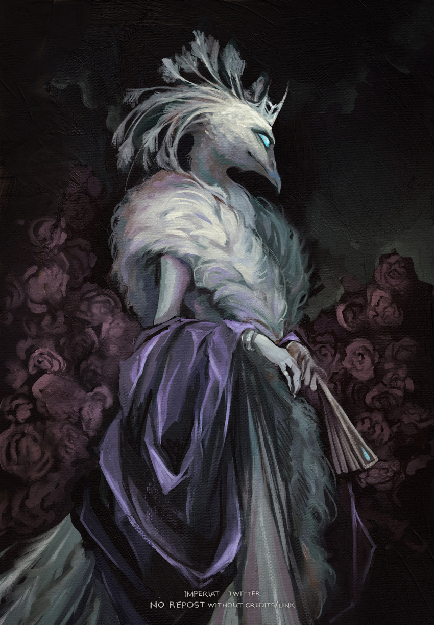 1boy, andrealphus_(helluva_boss), aqua_dress, aqua_eyes, aqua_feathers, aqua_fur, aqua_sclera, artist_name