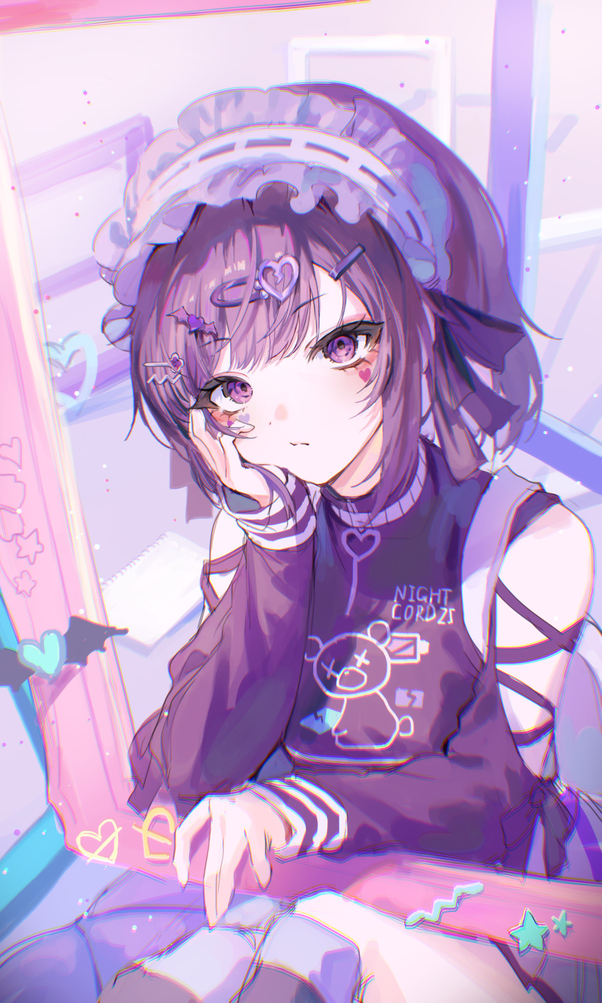 1girl, absurdres, animal_print, arm_warmers, bear_print, black_sweater, brown_hair, chromatic_aberration