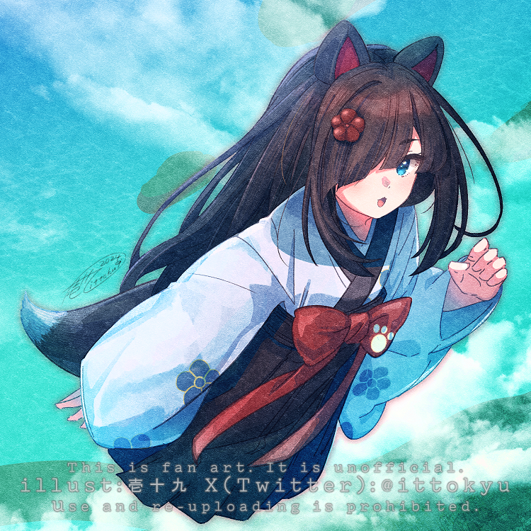 1girl, :3, animal_ears, aqua_background, aqua_eyes, artist_name, black_hakama, bow, brown_hair, brown_tail, clouds, commentary_request, diagonal_bangs, dog_ears, dog_girl, dog_tail, english_text, floral_print, floral_print_kimono, flower, full_body, hair_flower, hair_ornament, hair_over_one_eye, hakama, ittokyu, japanese_clothes, ken_(page_of_lambda), kimono, long_hair, long_skirt, long_sleeves, looking_at_viewer, nijisanji, open_mouth, page_of_lambda, paw_print, print_kimono, red_bow, signature, skirt, sky, solo, tail, twitter_username, very_long_hair, white_kimono