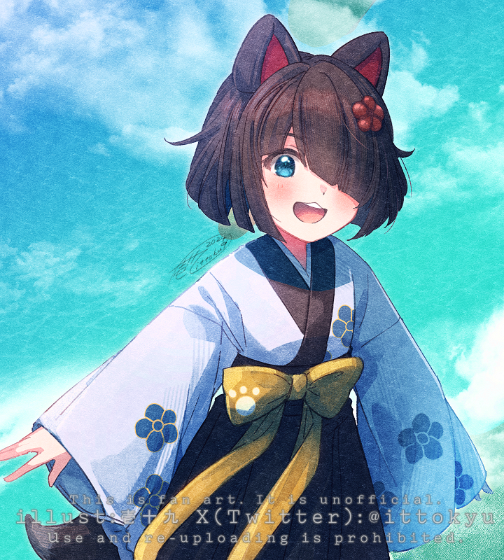 1girl, :3, :d, animal_ears, aqua_background, aqua_eyes, artist_name, ban_(page_of_lambda), black_hakama, blush, bob_cut, bow, brown_hair, brown_tail, clouds, commentary_request, cowboy_shot, diagonal_bangs, dog_ears, dog_girl, dog_tail, english_text, floral_print, floral_print_kimono, flower, hair_flower, hair_ornament, hair_over_one_eye, hakama, ittokyu, japanese_clothes, kimono, long_skirt, long_sleeves, looking_at_viewer, nijisanji, open_mouth, page_of_lambda, paw_print, print_kimono, short_hair, signature, skirt, sky, smile, solo, tail, teeth, twitter_username, upper_teeth_only, white_kimono, yellow_bow