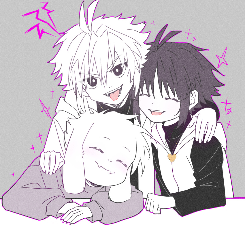 3boys, :d, alternate_universe, antenna_hair, arm_rest, asriel_dreemurr, black_eyes, black_sweater