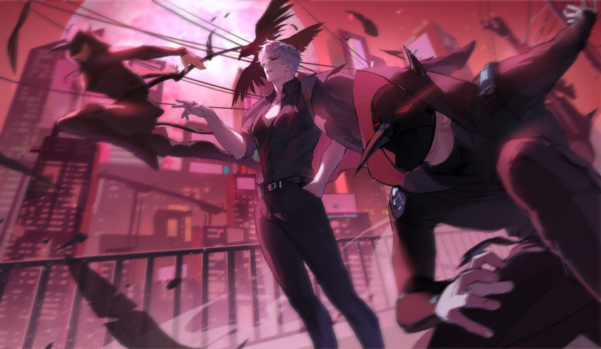1other, 3boys, belt, bird, bird_mask, black_belt, black_jacket, black_pants
