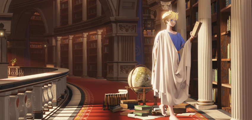 1boy, aged_down, barefoot, blonde_hair, blue_eyes, blue_tunic, book, bracelet, child, column, commentary, english_commentary, fxing9605, globe, gold_bracelet, gold_trim, highres, holding, holding_book, jewelry, lantern, laurel_crown, library, pillar, plant, potted_plant, primarch, robe, roboute_guilliman, short_hair, solo, tunic, warhammer_40k