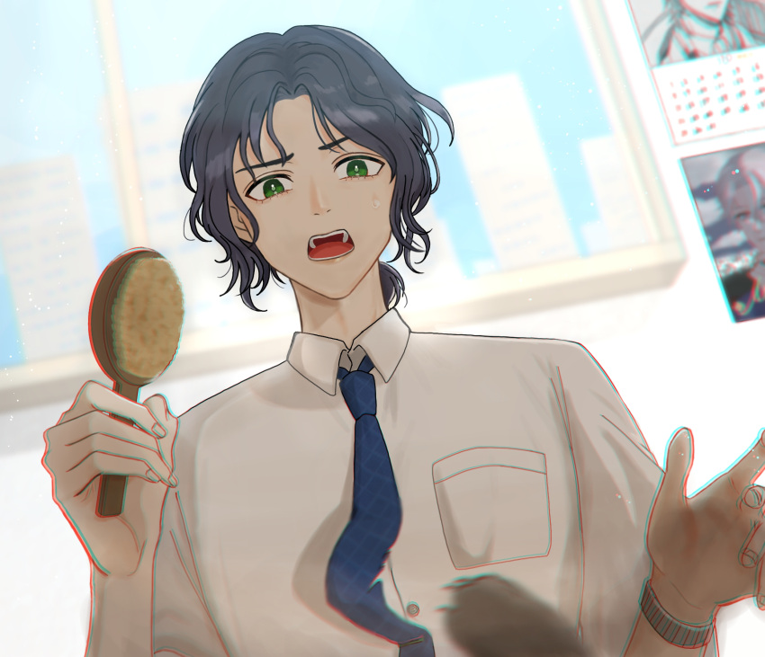 1boy, annoyed, argyle_clothes, argyle_necktie, black_hair, blue_necktie, blue_sky, breast_pocket
