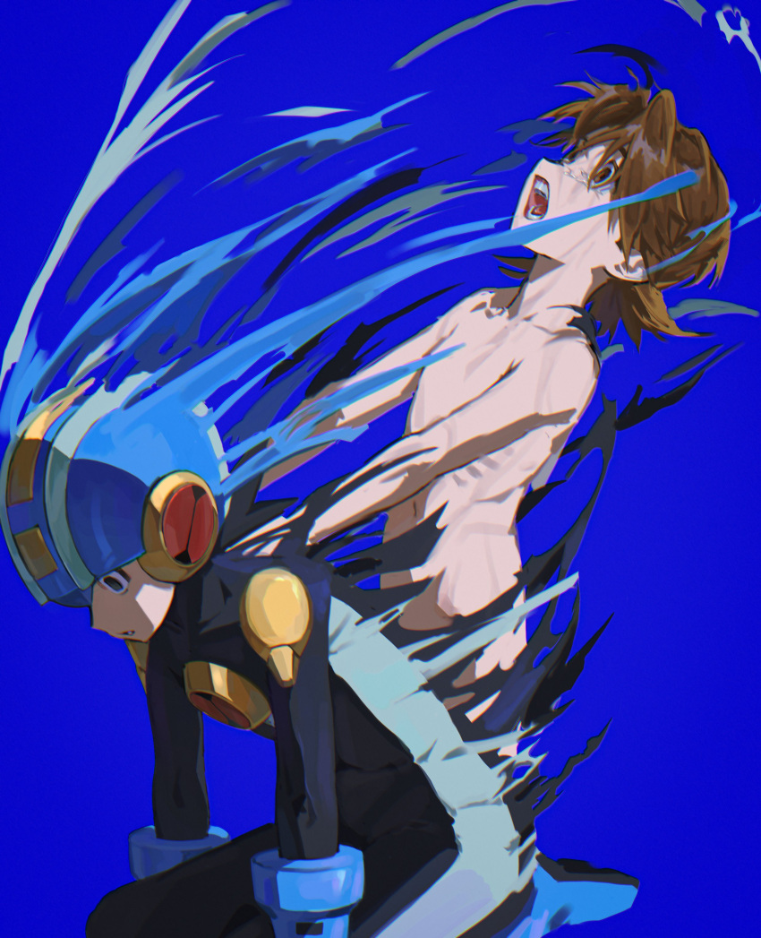 1boy, absurdres, blue_background, blue_bodysuit, blue_helmet, bodysuit, brown_eyes, brown_hair, empty_eyes, helmet, highres, hub_hikari_(mega_man), jinsu_exe, male_focus, mega_man_(series), mega_man_battle_network_(series), megaman.exe, nude, open_mouth, short_hair, simple_background, tears