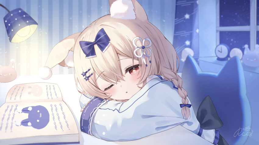 1girl, animal_ear_fluff, animal_ears, blonde_hair, blue_bow, blurry, blurry_background, blush