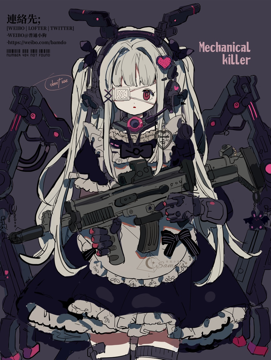 1girl, android, animal_ear_hairband, animal_ears, apron, assault_rifle, black_bow, black_bowtie, black_dress, black_hairband, bow, bowtie, chinese_commentary, commentary_request, cowboy_shot, dot_nose, dress, english_text, eyelashes, eyepatch, fake_animal_ears, frilled_apron, frilled_dress, frilled_sleeves, frills, grey_hair, gun, hair_intakes, hair_ornament, hairband, hairclip, headphones, heart, heart_hair_ornament, holding, holding_gun, holding_weapon, long_hair, long_sidelocks, maid, mechanical_arms, mechanical_ears, mechanical_wings, medical_eyepatch, open_mouth, original, puffy_short_sleeves, puffy_sleeves, purple_background, putong_xiao_gou, rabbit_ear_hairband, rabbit_ears, red_eyes, rifle, sample_watermark, science_fiction, short_dress, short_sleeves, sidelocks, simple_background, solo, standing, tareme, thigh-highs, twintails, very_long_hair, watermark, weapon, white_apron, wings, x_hair_ornament