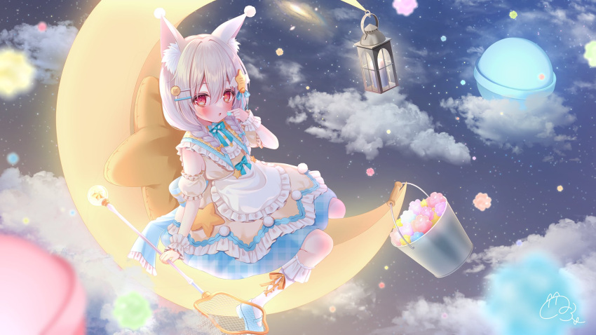 1girl, :o, animal_ear_fluff, animal_ears, apron, back_bow, blue_bow, blue_bowtie