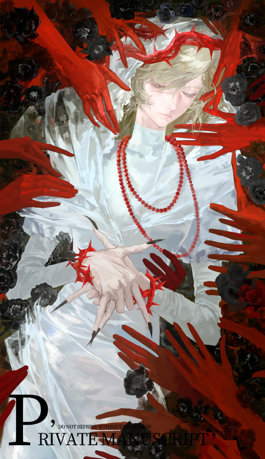 1girl, absurdres, bead_necklace, beads, black_flower, black_nails, blonde_hair, closed_eyes