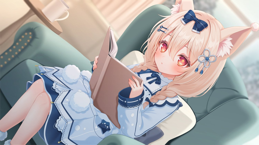 1girl, animal_ear_fluff, animal_ears, blonde_hair, blue_bow, blue_bowtie, blue_dress, blurry