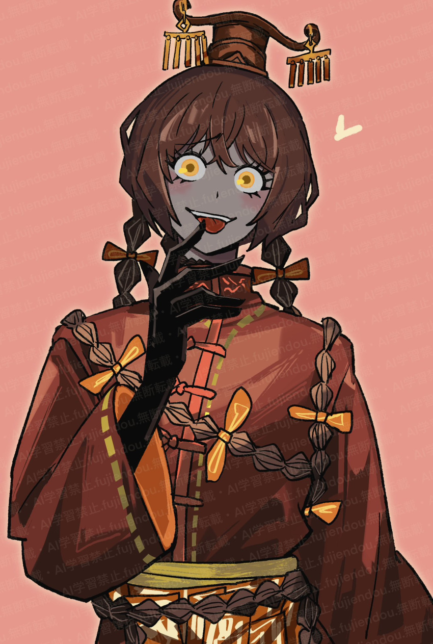 1boy, braid, brown_hair, chinese_clothes, colored_skin, fujiendou, grey_skin, grin