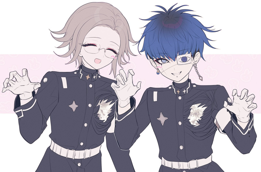 2boys, 4ro_1011, aotsuki_eito, armband, belt, black_jacket, blue_eyes, blue_hair, claw_pose, closed_eyes, eyeliner, eyepatch, facial_mark, gloves, grey_hair, highres, hole_in_chest, hole_on_body, jacket, korean_commentary, last_defense_academy_school_uniform, makeup, male_focus, multiple_boys, omokage_yugamu, open_mouth, piercing, red_eyeliner, school_uniform, short_hair, smile, the_hundred_line_-last_defense_academy-, white_armband, white_belt, white_gloves