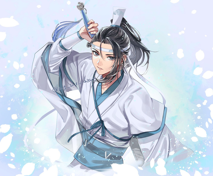 1boy, arm_up, bishounen, black_hair, blue_background, blue_sash, chinese_clothes, falling_petals