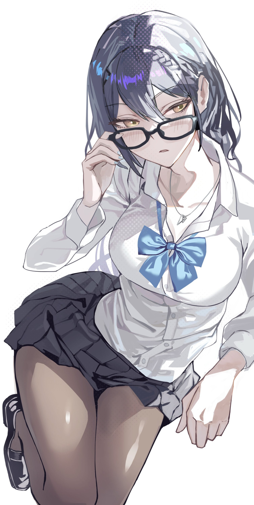 1girl, absurdres, aogiri_koukou, black_hair, black_pantyhose, black_shoes, black_skirt, blue_bow