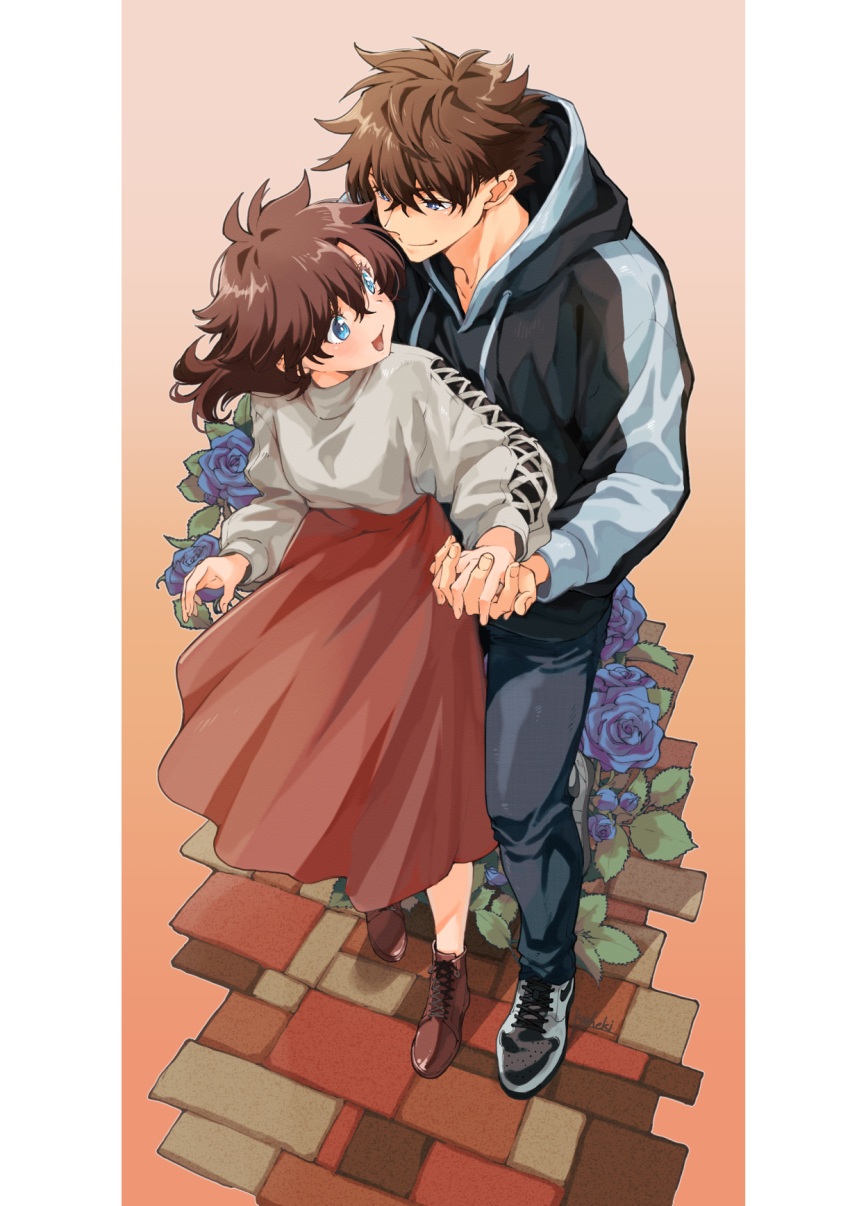 1boy, 1girl, :d, alternate_costume, artist_name, blue_eyes, blue_flower, blue_hoodie