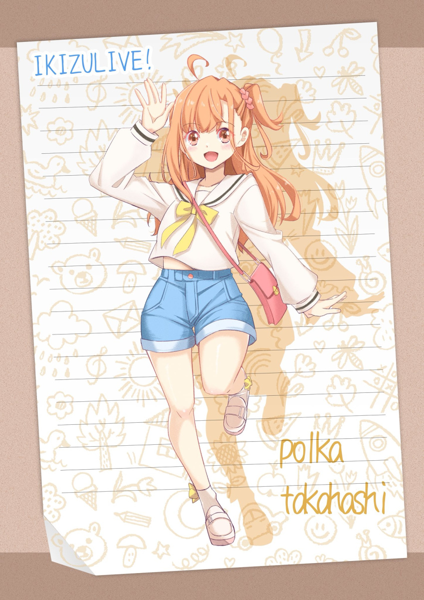 1girl, :d, \||/, ahoge, arm_up, bag, blue_shorts, blush