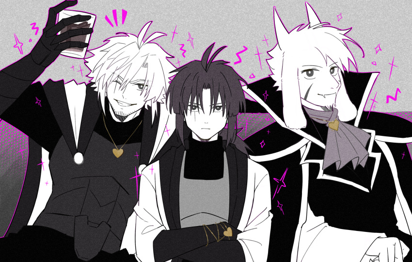 3boys, ;d, absurdres, alternate_universe, antenna_hair, arm_up, armored_gloves, ascot