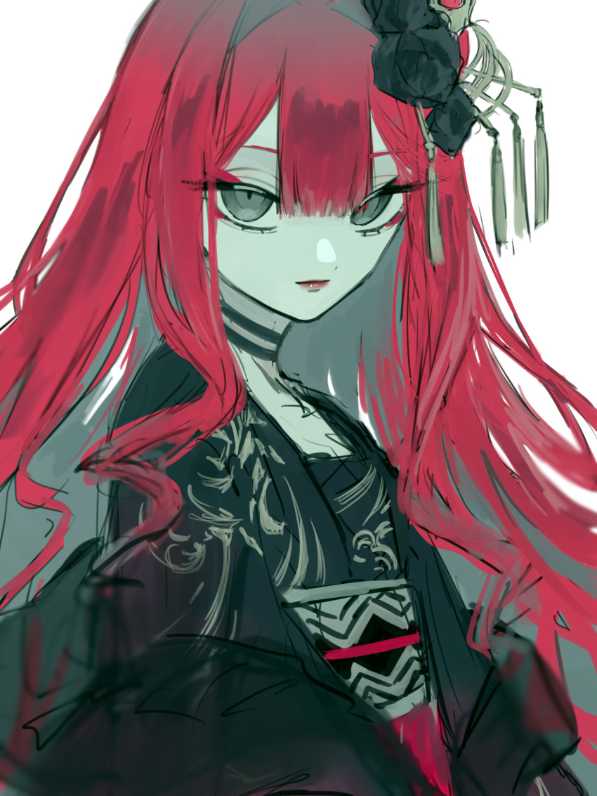 1girl, baobhan_sith_(dream_portrait)_(fate), baobhan_sith_(fate), black_flower, black_kimono, fate/grand_order, fate_(series), flower, grey_eyes, hair_flower, hair_ornament, highres, hiyakamosirenai, japanese_clothes, kimono, long_hair, looking_at_viewer, pink_hair, sidelocks, solo, upper_body, white_background