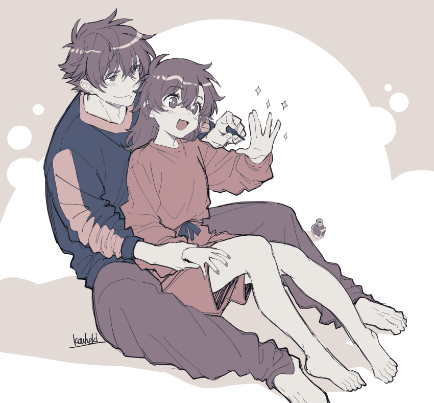 1boy, 1girl, :d, alternate_costume, applying_manicure, artist_name, barefoot, borokouhek