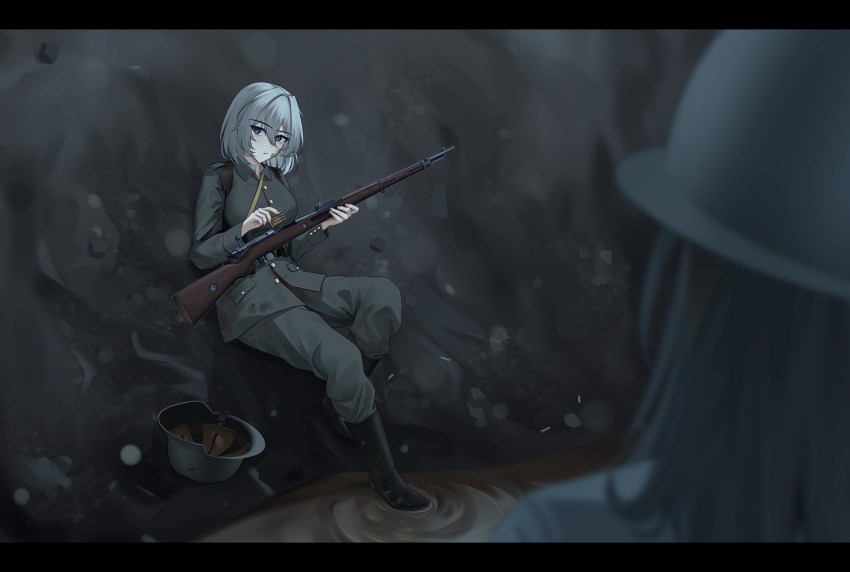 2girls, absurdres, alter_kamerade, blue_eyes, bolt_action, boots, combat_helmet, gun