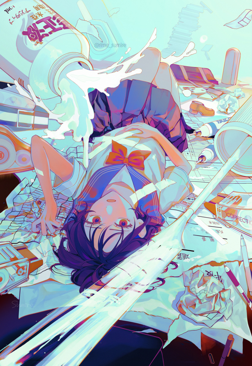 1girl, absurdres, academic_test, bag, black_hair, blue_skirt, bow, commentary_request, correction_fluid, correction_tape, from_above, full_body, highres, limited_palette, long_hair, looking_at_viewer, looking_back, lying, mini_person, minigirl, on_back, open_mouth, original, paper, pleated_skirt, red_bow, school_bag, school_uniform, serafuku, shirt, shoes, short_sleeves, skirt, solo, spill, sumire_(pwkx4575), unworn_shoes, upside-down, white_shirt