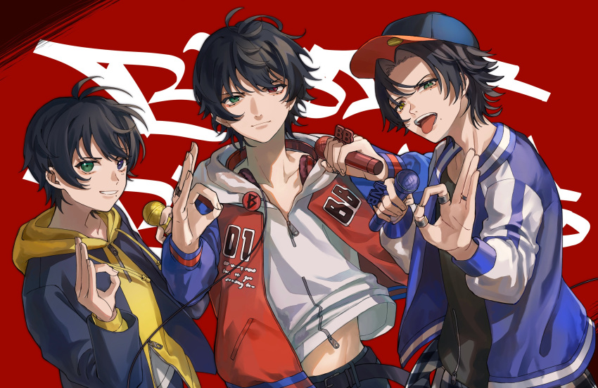 3boys, ahoge, amd_aoneko, baseball_cap, belt, black_belt, black_hair, black_shirt