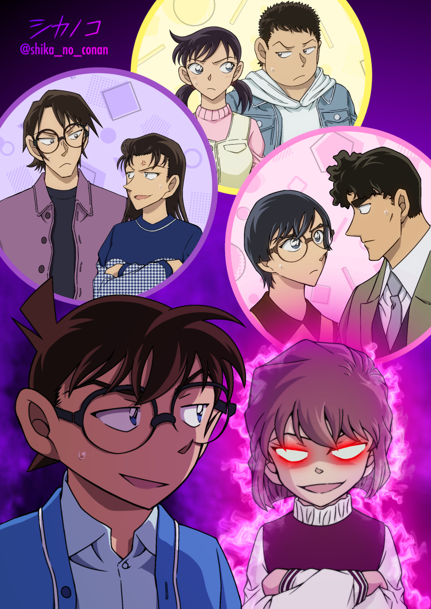 4boys, 4girls, absurdres, artist_name, aura, black-framed_eyewear, black_hair, blue_eyes