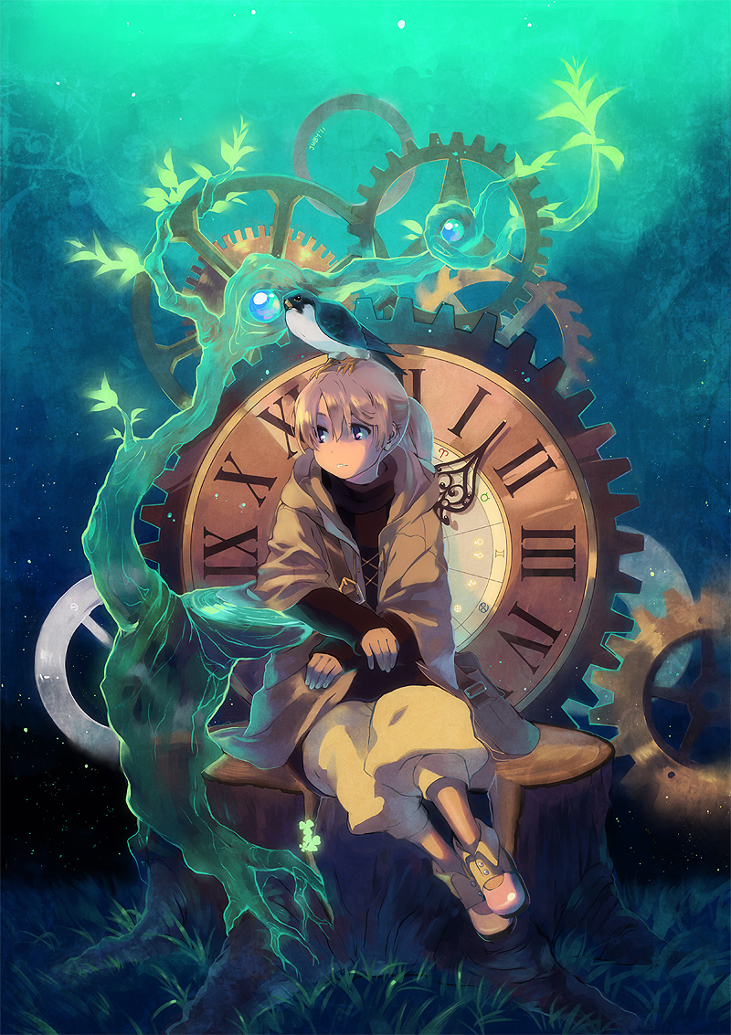bird, bird_on_head, clock, falcon, fugue_(juby), gears, juby, original, peregrine_falcon, rel_(juby), sitting, tree_stump