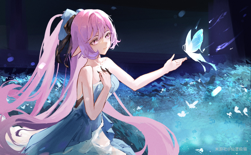 1girl, absurdres, alternate_costume, bare_shoulders, blue_butterfly, blue_dress, breasts, bug