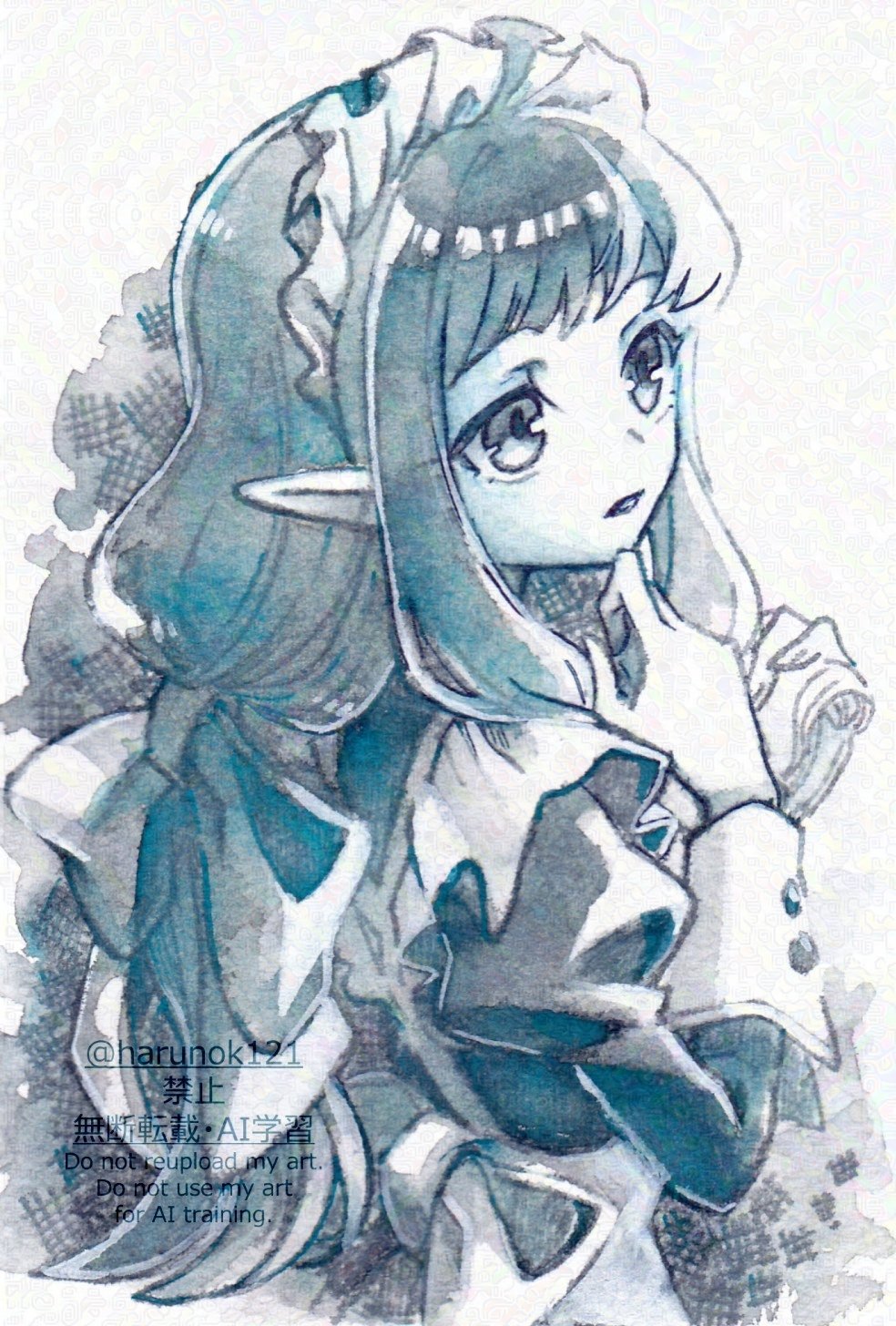 1girl, apron, cecilia_(rune_factory), elf, harunok121, highres, juliet_sleeves, long_hair