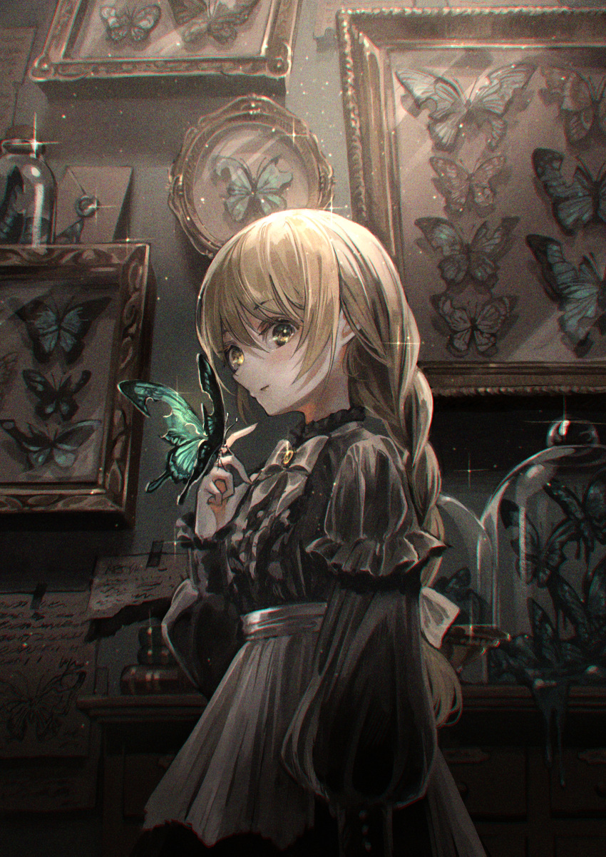 1girl, black_bow, black_bowtie, black_shirt, black_skirt, blonde_hair, blue_butterfly, bottle