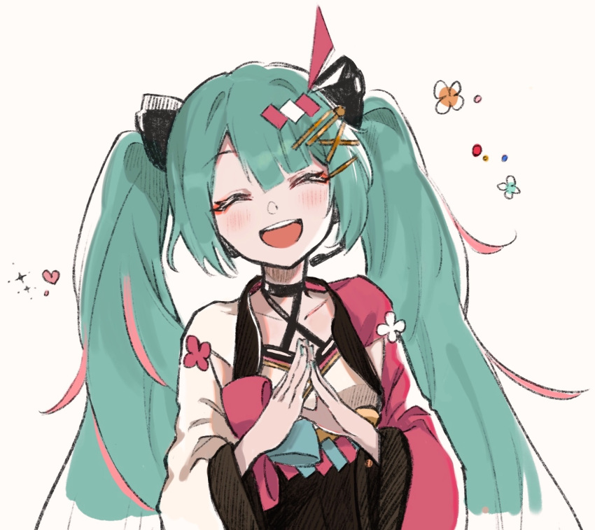 1girl, :d, amd_aoneko, aqua_eyes, aqua_hair, aqua_nails, closed_eyes, collarbone