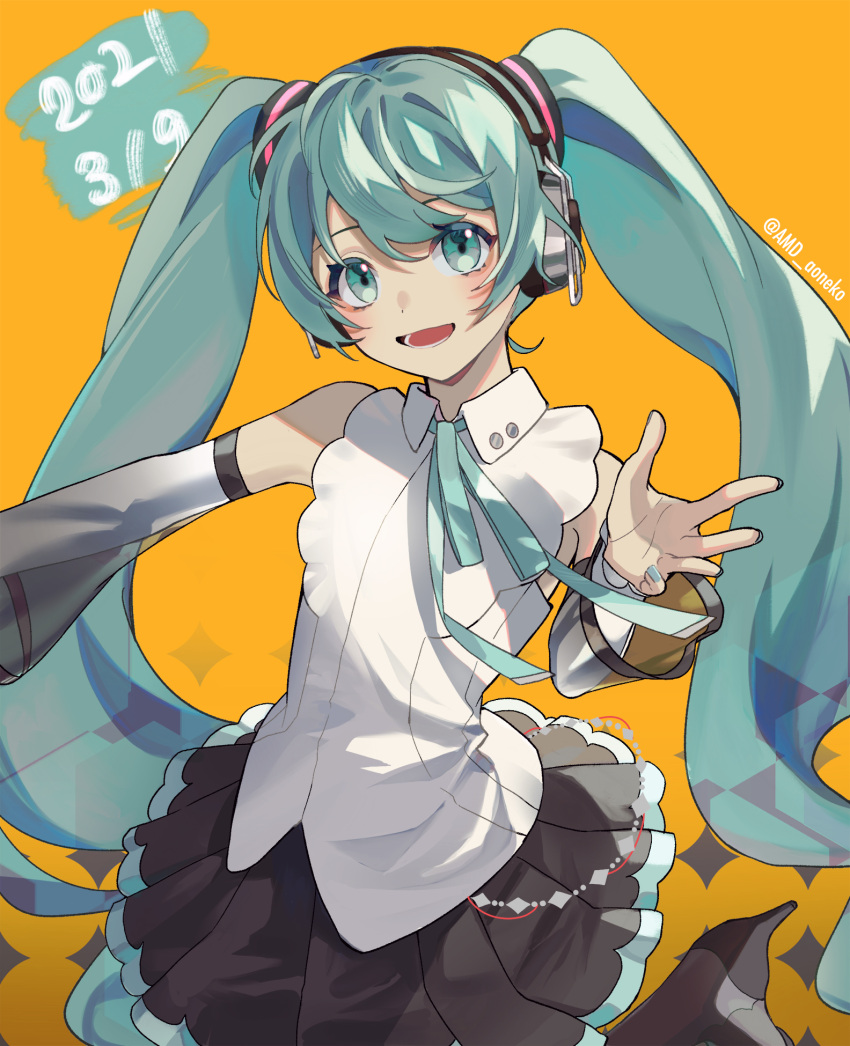 1girl, :d, amd_aoneko, aqua_eyes, aqua_hair, aqua_nails, aqua_ribbon, artist_name, bare_shoulders, black_shoes, black_skirt, black_sleeves, blush, commentary, dated, detached_sleeves, gradient_sleeves, hair_between_eyes, hatsune_miku, hatsune_miku_(nt), headphones, high_heels, highres, long_hair, looking_at_viewer, miku_day, open_mouth, ribbon, see-through_clothes, see-through_sleeve_layer, see-through_sleeves, shirt, shoes, simple_background, skirt, sleeveless, sleeveless_shirt, smile, solo, twintails, very_long_hair, vocaloid, white_shirt, white_sleeves, yellow_background