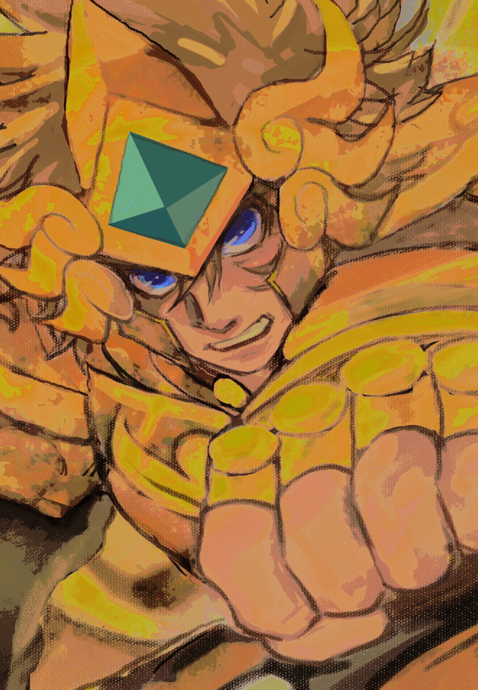1boy, armor, blonde_hair, blue_eyes, clenched_hand, clenched_teeth, forehead_jewel, frown